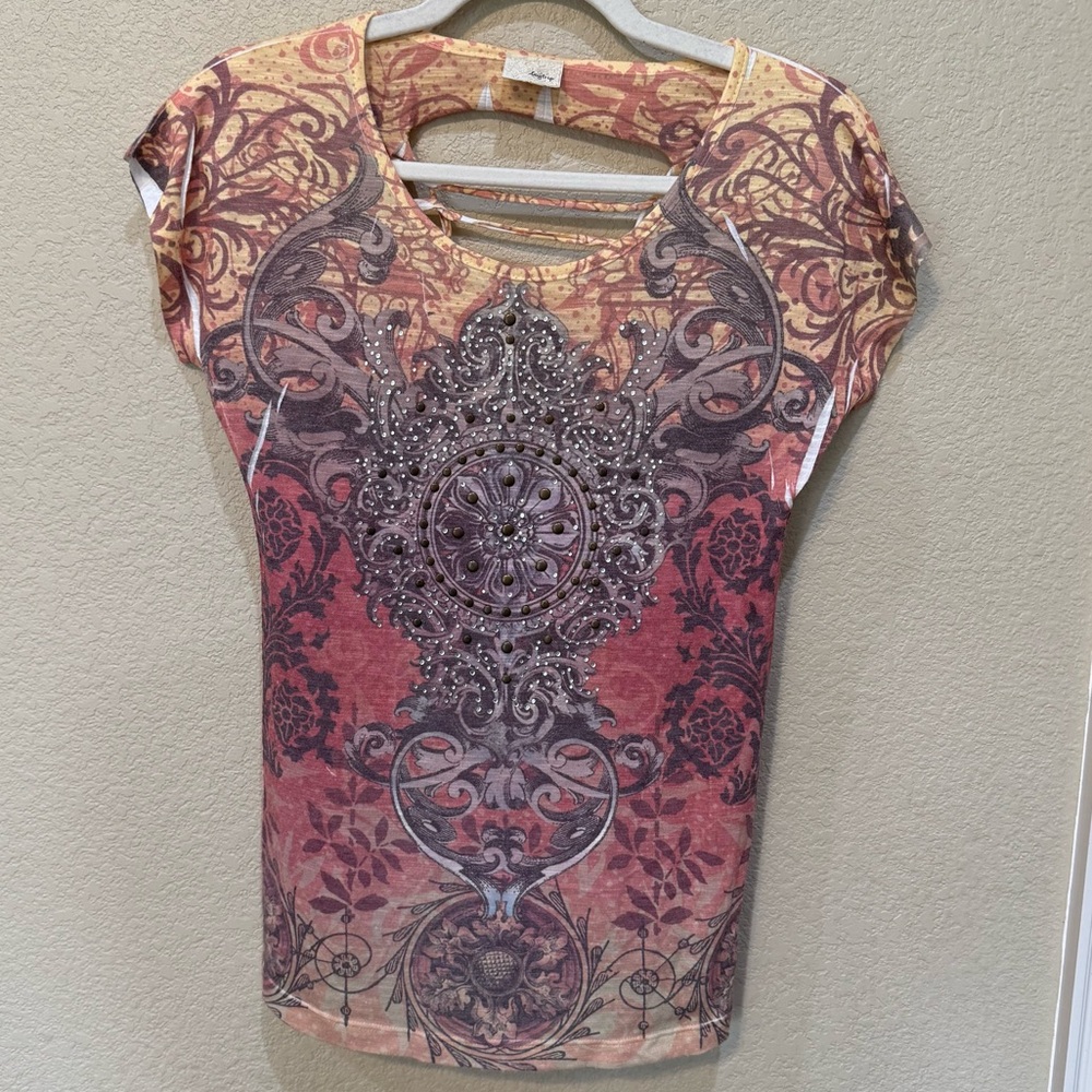 Daytrip Boho Rhinestone Top S Baroque Cutout Back Burnout Festival Shirt Y2K